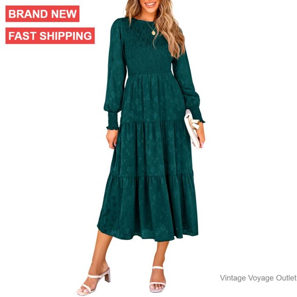 Long Sleeve Midi Dress with Pockets Smocked Waist Floral Jacquard